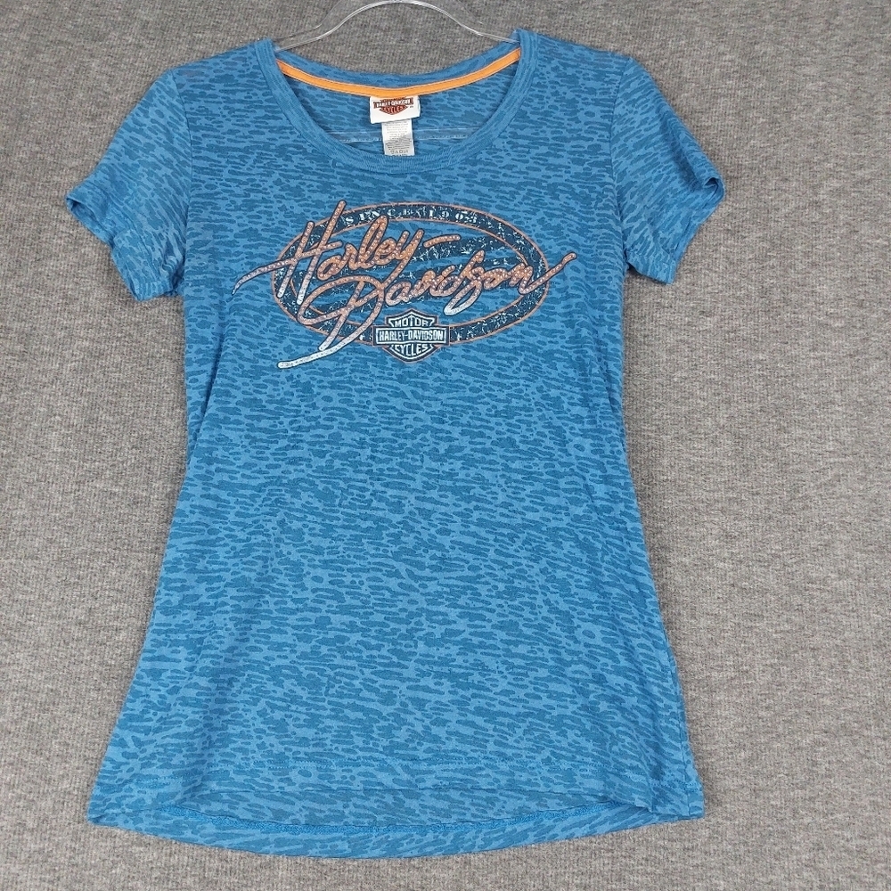 HARLEY DAVIDSON EDINBURGH SCOTLAND WOMEN BLUE BURNOUT RHINESTONE GRAPHIC TSHIRT